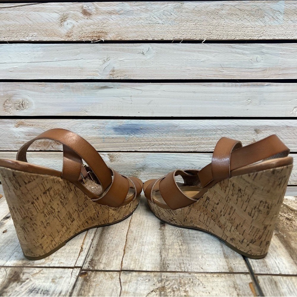 Express Tan Faux Leather Cork Wedge Platform Ankle Strap Sandals Size 8 - Picture 5 of 10